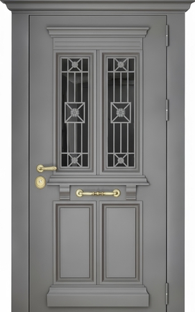 Утепленная термодверь с металлобагетом, карнизом, ковкой и стеклом (полимерная серая покраска) Утепленная термодверь с металлобагетом, карнизом, ковкой и стеклом (полимерная серая покраска)